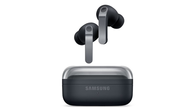 The Samsung Galaxy Buds 4 Pro wireless earbuds and their charging case on a white background.
