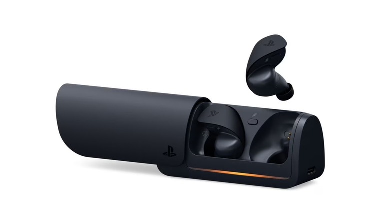 The Sony PlayStation Pulse Explore wireless earbuds and their charging case on a white background.