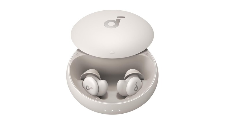 The Soundcore Sleep A20 wireless earbuds in their charging case on a white background.