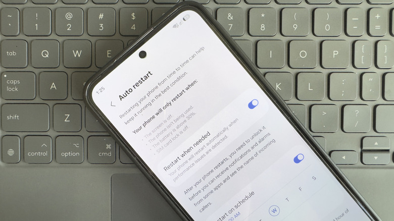 A Samsung phone showing Auto restart settings