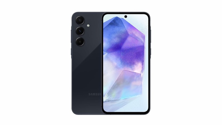 The Galaxy A55 in black, featuring three cameras in a vertical orientation on the phone's rear