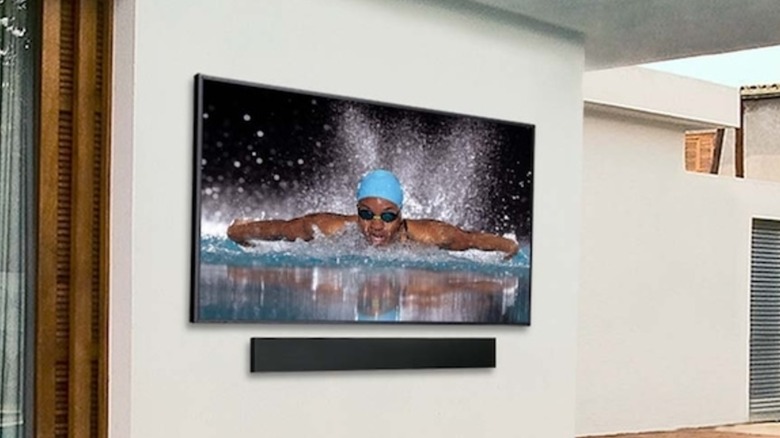 The Terrace 4K Partial Sun Outdoor Smart TV mounted on patio wall