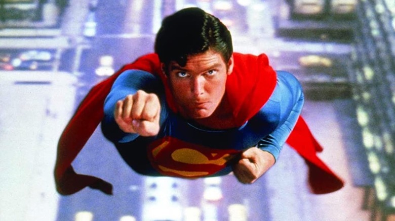 Christopher Reeve as Superman flying at the camera in Superman