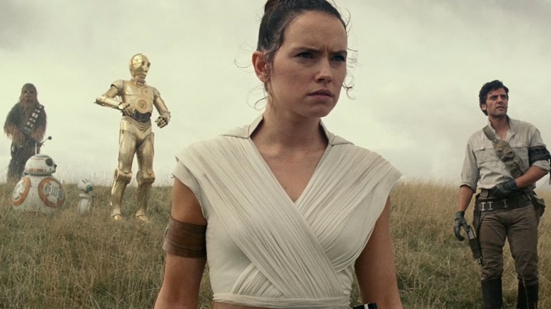 Chewbacca, BB-8, C-3PO, Rey and Poe on a hill in Star Wars: The Rise of Skywalker