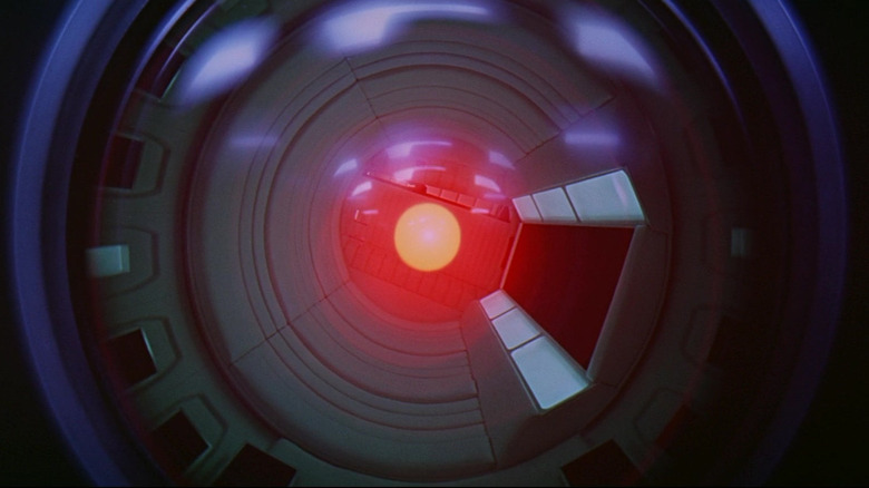 HAL 9000's glowing red eye watching from inside the Discovery One in 2001: A Space Odyssey (1968).