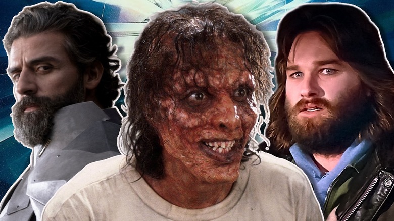 Oscar Isaac in Dune, Jeff Goldblum in The Fly, and Kurt Russell in The Thing next to each other