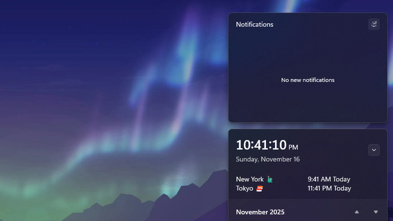 Two additional clocks in the Notification Center in Windows 11 are pictured.