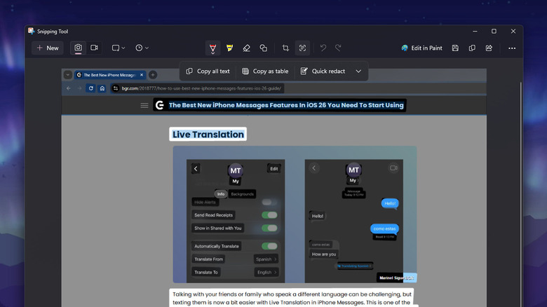 Snipping Tool showing text actions, OCR function for screenshot