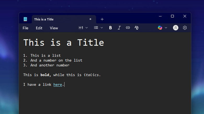 Notepad in Windows 11 with text formatting on is displayed as a screenshot.