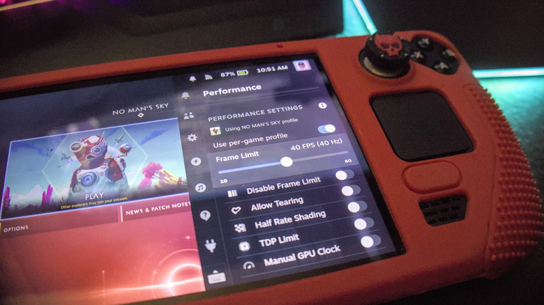 Steam Deck Performance menu open with frame limit and per-game profile visible