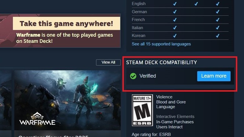 Screenshot of the Steam Deck "Verified" tag on game pages.