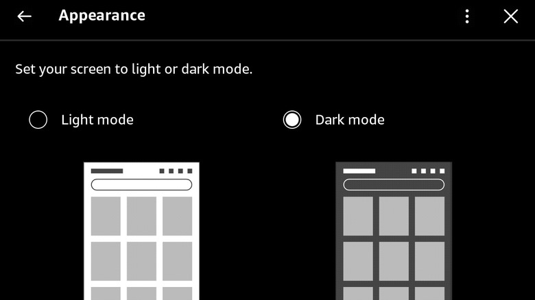Kindle's Appearance setting for dark or light mode