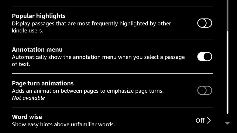 Kindle's page turn animation option