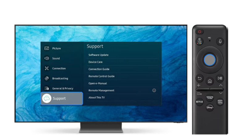 The Support screen of a Samsung TV's settings menu