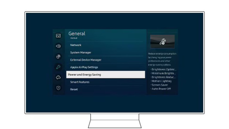 The Power and Energy Saving option highlighted on a Samsung TV