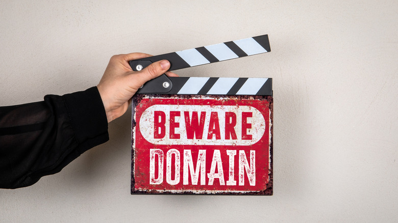 A hand holding a beware domain sign