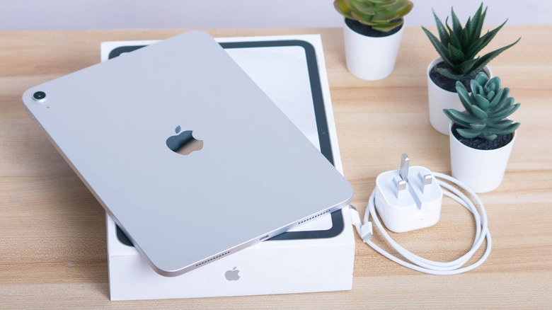 A silver iPad with a single back camera sits on top of its box next to three potted plants, a USB-C cable, and a power brick