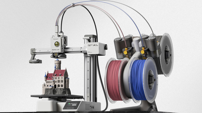 Bambu Lab A1 Mini printing a multicolor castle with filament spools attached.