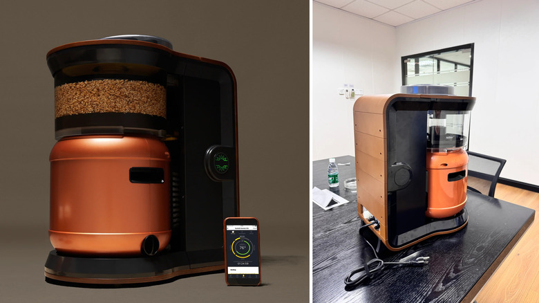Exobrew Craft Gen 3 smart brewing system concept art is pictured on the left of a composite photo, and the actual device on the counter is depicted on the right.