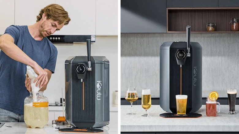 iGulu S1 smart home beer brewer in use, dispensing beer.