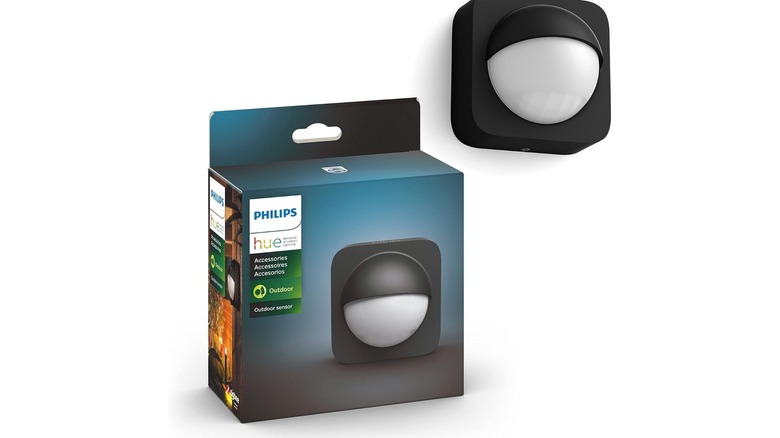close-up philips hue outdoor sensor with box on white background