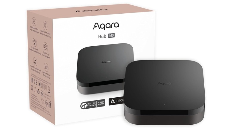 close-up of aqara smart hub m3 with box on a whitebackground