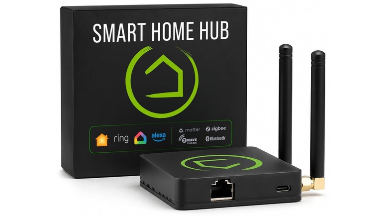 Hubitat smart home hub and box on white background