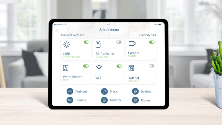A smart home hub display showing on a tablet