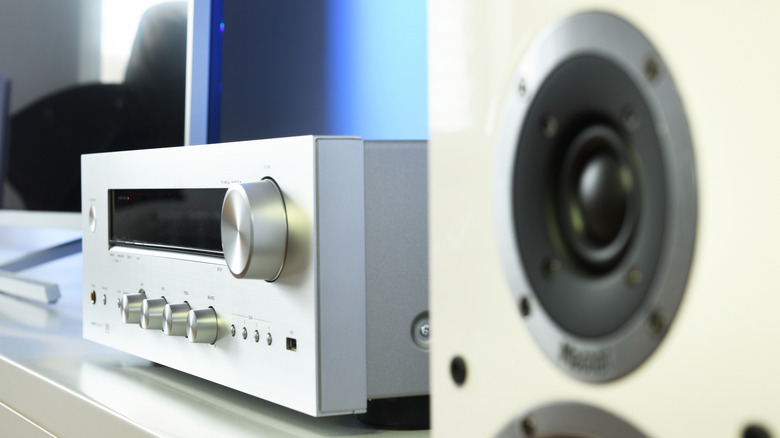 Home audio receiver connected to a speaker system.