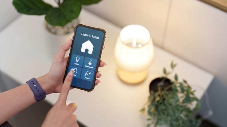 An individual holding a smartphone displaying smart home controls as they point the device toward an illuminated lamp sitting on a table between two plants