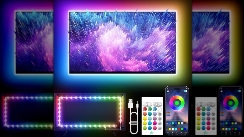 An Amazon promotional photo for the Kantutoe RGB LED Lights for TV, the image shows a TV with the lights behind it, as well as the controller, smartphone app, USB-A to USB-C cable, and the lights without a TV in front of them