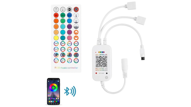 Amazon promotional image for the RGBZone Bluetooth 4-Pin RGB LED Lights Controller, the image showcases the device, its controller, and its accompanying app on a smartphone