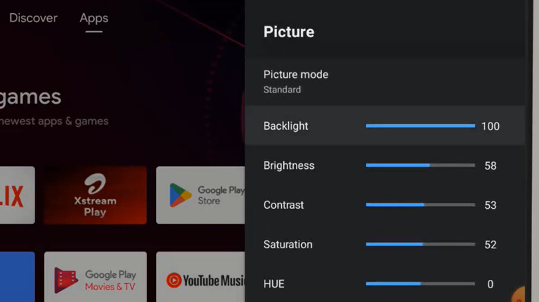 Brightness, contrast, and backlight settings on a TV