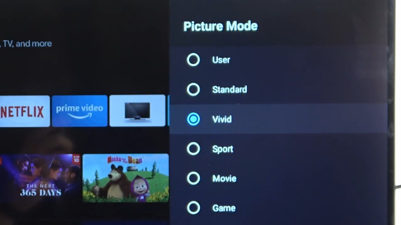 Picture modes showing on a smart TV