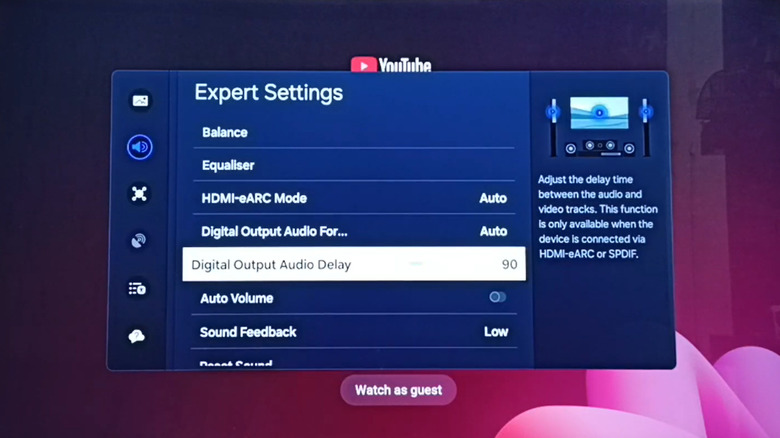 Expert settings on a smart TV with Digital Output Audio Delay selected