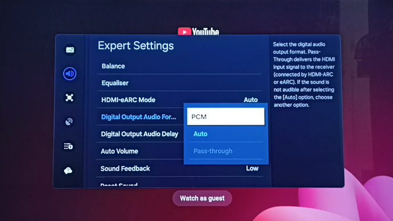 Changing digital output audio format to PCM on a smart TV