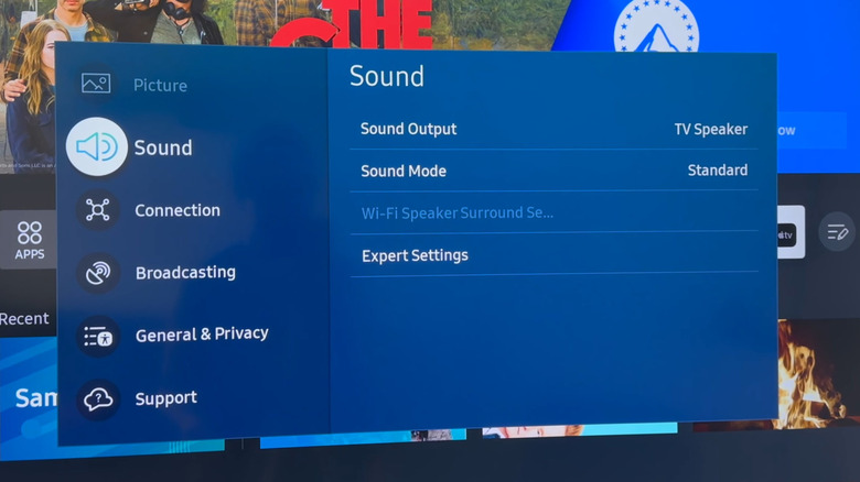 Samsung smart TV showing sound settings with Sound Mode set to Standard