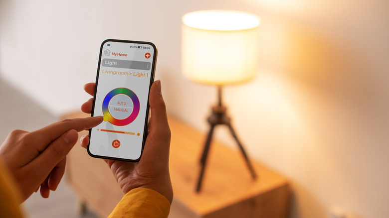 Person controlling smart lighting at home