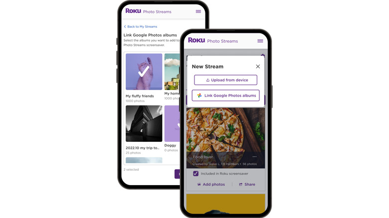 Two phones depicting the Roku Photo Streams setup wizard.