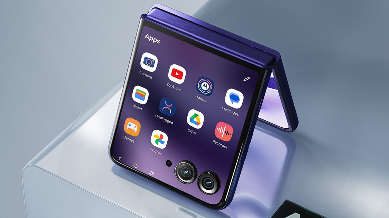 Motorola Razr Ultra 2026 shown partially folded with the cover screen and rear cameras visible.