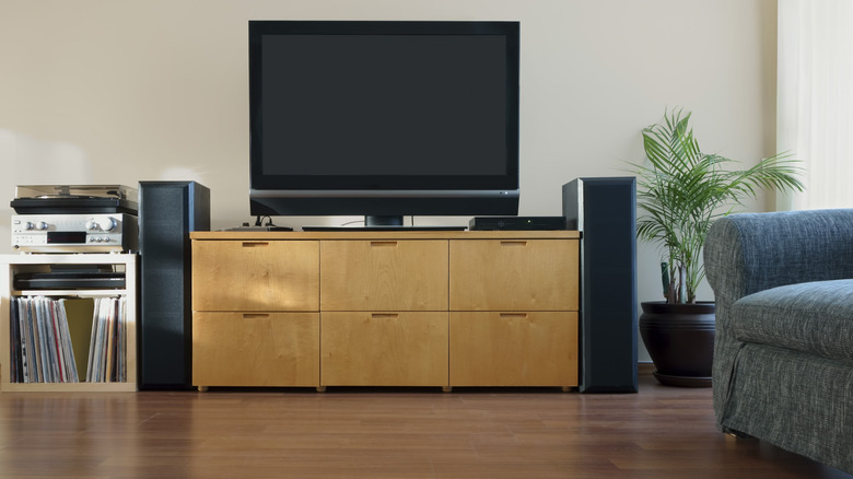 Two speakers placed next to a TV cabinet in a living room