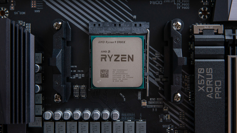 Close-up of an AMD Ryzen processor installed on a motherboard.