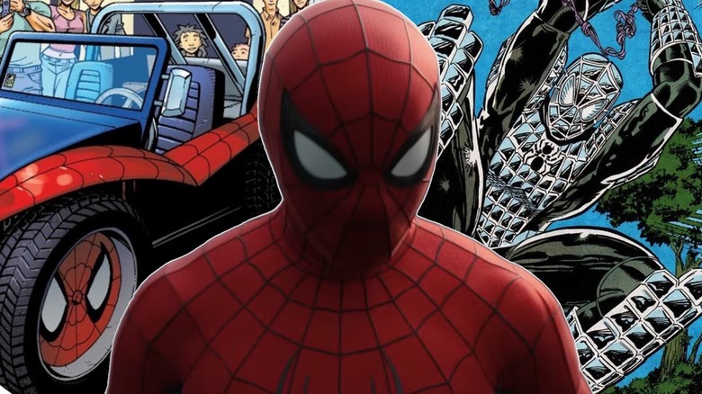 Spider-Man with the Spider-Mobile and his MK 1 armor