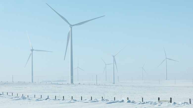 Wind turbines in a snowy landscape.