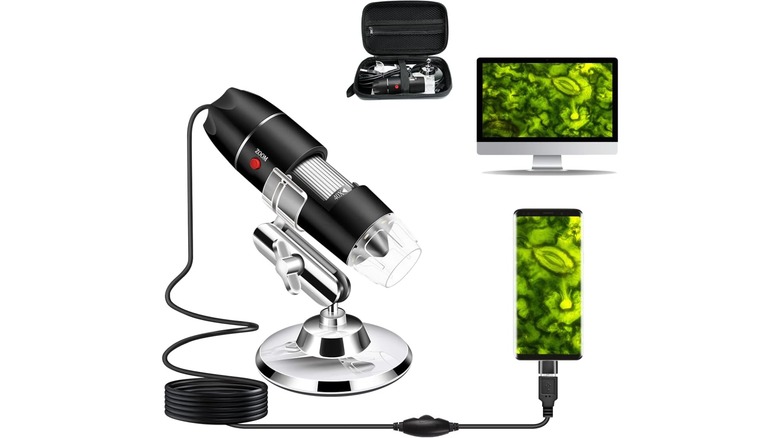A photo displaying the Cainda digital USB microscope camera connected to an Android device alongside an iMac and an overview of the device in its accessory case