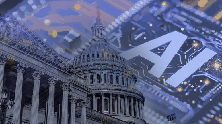 A government building with an AI graphic backdrop.