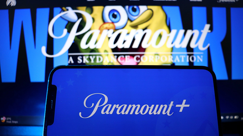 A phone running a Paramount Plus app with SpongeBob SquarePants in the background