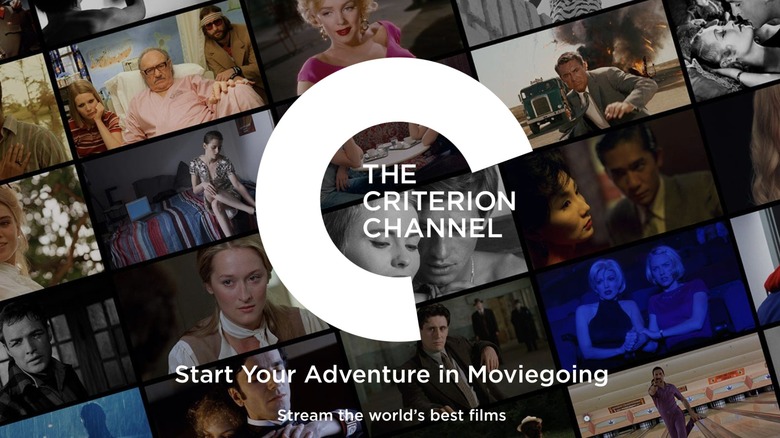 The Criterion Channel logo appears before a backdrop of stills from famous movies, the phrase "Start your adventure in moviegoing" appears before the logo