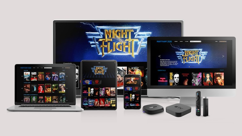 Various devices, including a TV, a laptop, a cellphone, and a tablet are displaying various logos for the Night Flight Live streaming channel