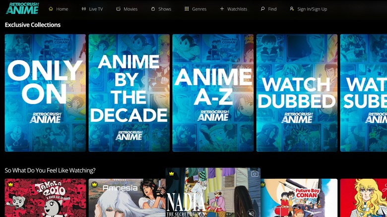 A screenshot from the desktop version of RetroCrush which displays the platforms various exclusive collections